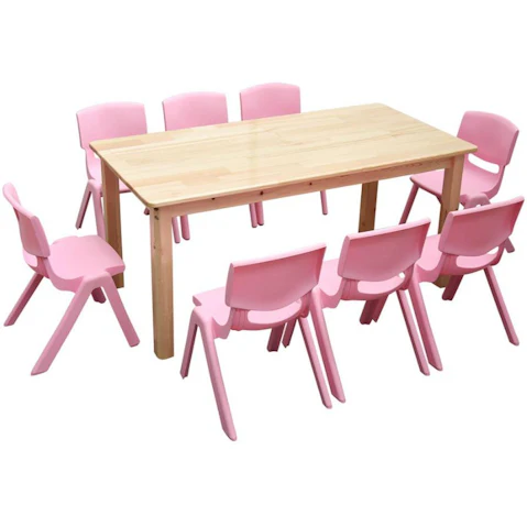 HelloDeal 120 x 60cm Pinewood Kids Study Table and 8 Piece Plastic Chair Set - Pink