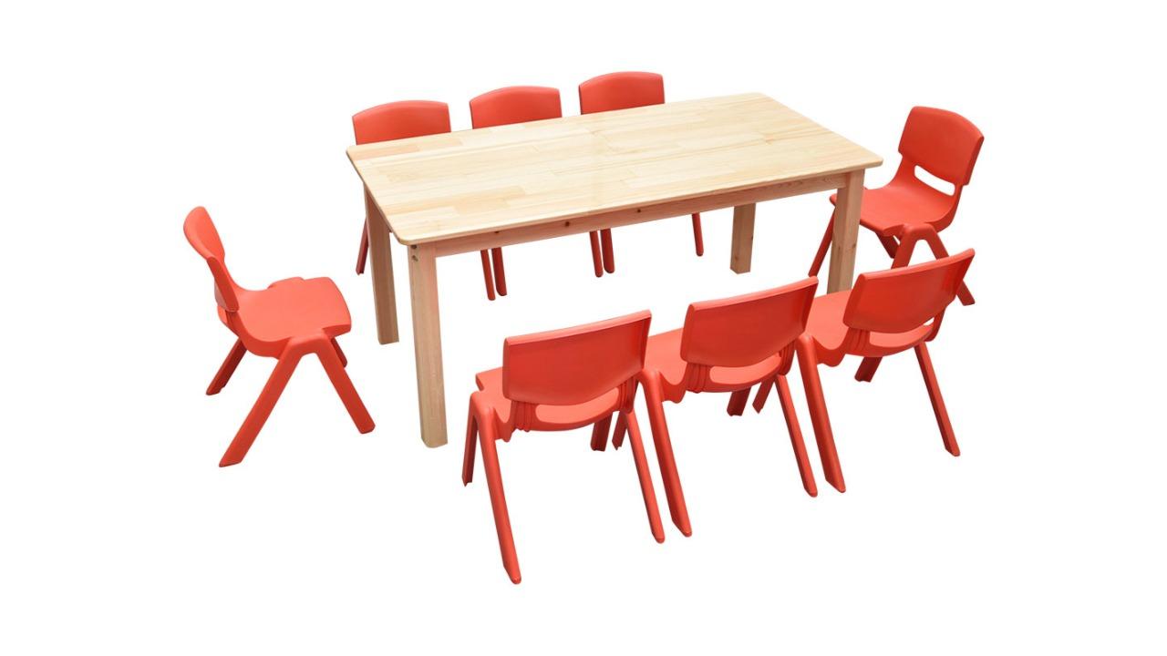 HelloDeal 120 x 60cm Pinewood Kids Study Table and 8 Piece Plastic Chair Set - Red