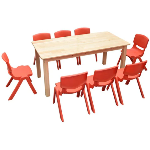 HelloDeal 120 x 60cm Pinewood Kids Study Table and 8 Piece Plastic Chair Set - Red