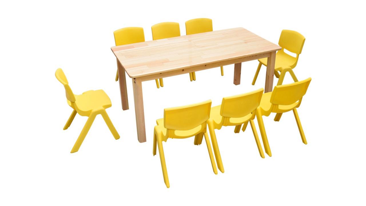 HelloDeal 120 x 60cm Pinewood Kids Study Table and 8 Piece Plastic Chair Set - Yellow
