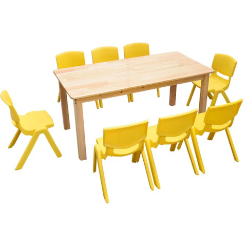 HelloDeal 120 x 60cm Pinewood Kids Study Table and 8 Piece Plastic Chair Set - Yellow