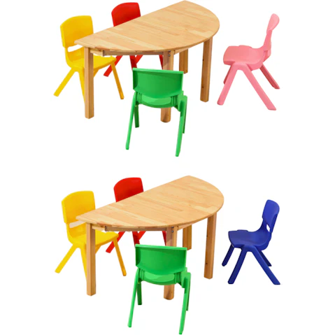 HelloDeal Set of 4 Kids Mixed Chair and Semi Circle Pinewood Table