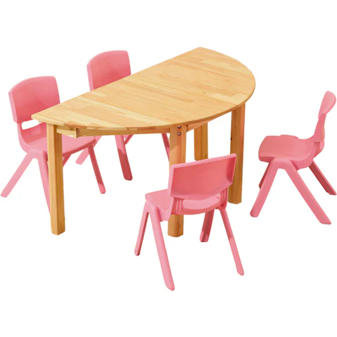HelloDeal Set of 4 Kids Chair and Semi Circle Pinewood Table - Pink