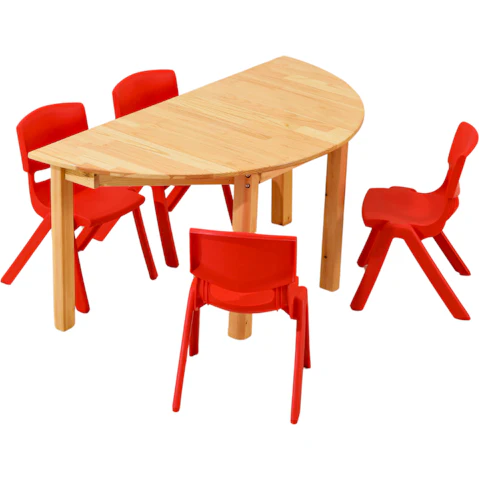 HelloDeal Set of 4 Kids Chair and Semi Circle Pinewood Table - Red