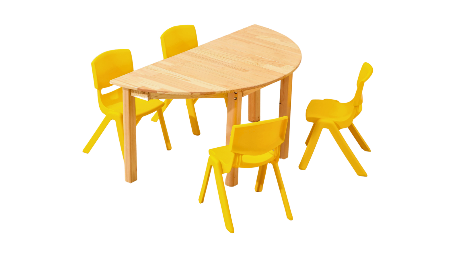HelloDeal Set of 4 Kids Chair and Semi Circle Pinewood Table - Yellow