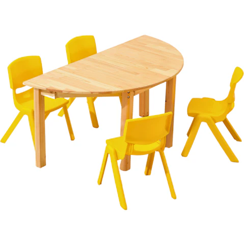 HelloDeal Set of 4 Kids Chair and Semi Circle Pinewood Table - Yellow