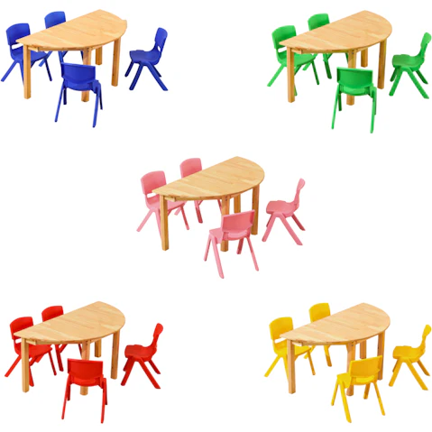 HelloDeal Set of 4 Kids Chair and Semi Circle Pinewood Table