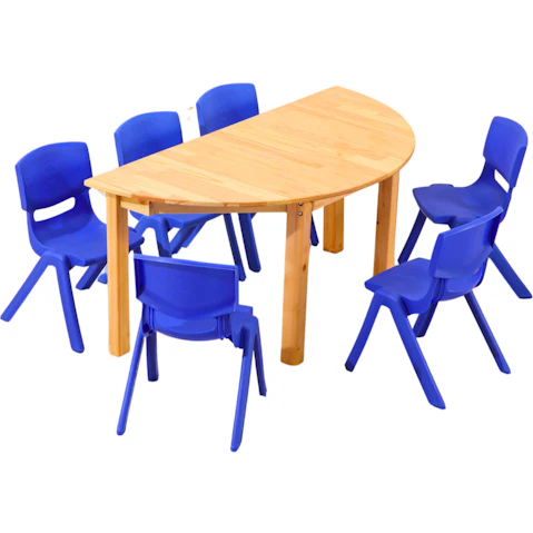 HelloDeal Set of 6 Kids Chair and Semi Circle Pinewood Table - Blue