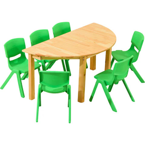 HelloDeal Set of 6 Kids Chair and Semi Circle Pinewood Table - Green