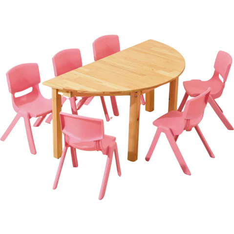 HelloDeal Set of 6 Kids Chair and Semi Circle Pinewood Table - Pink
