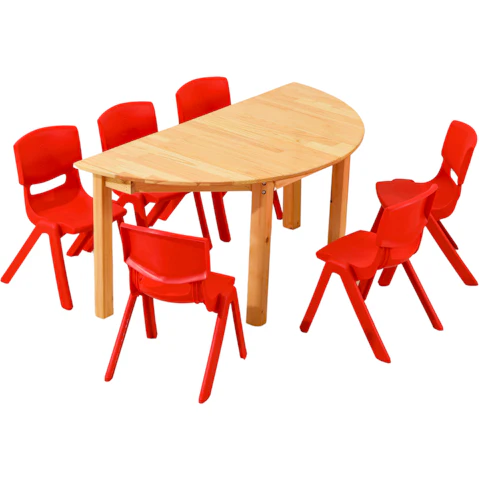 HelloDeal Set of 6 Kids Chair and Semi Circle Pinewood Table - Red