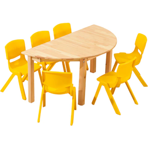 HelloDeal Set of 6 Kids Chair and Semi Circle Pinewood Table - Yellow