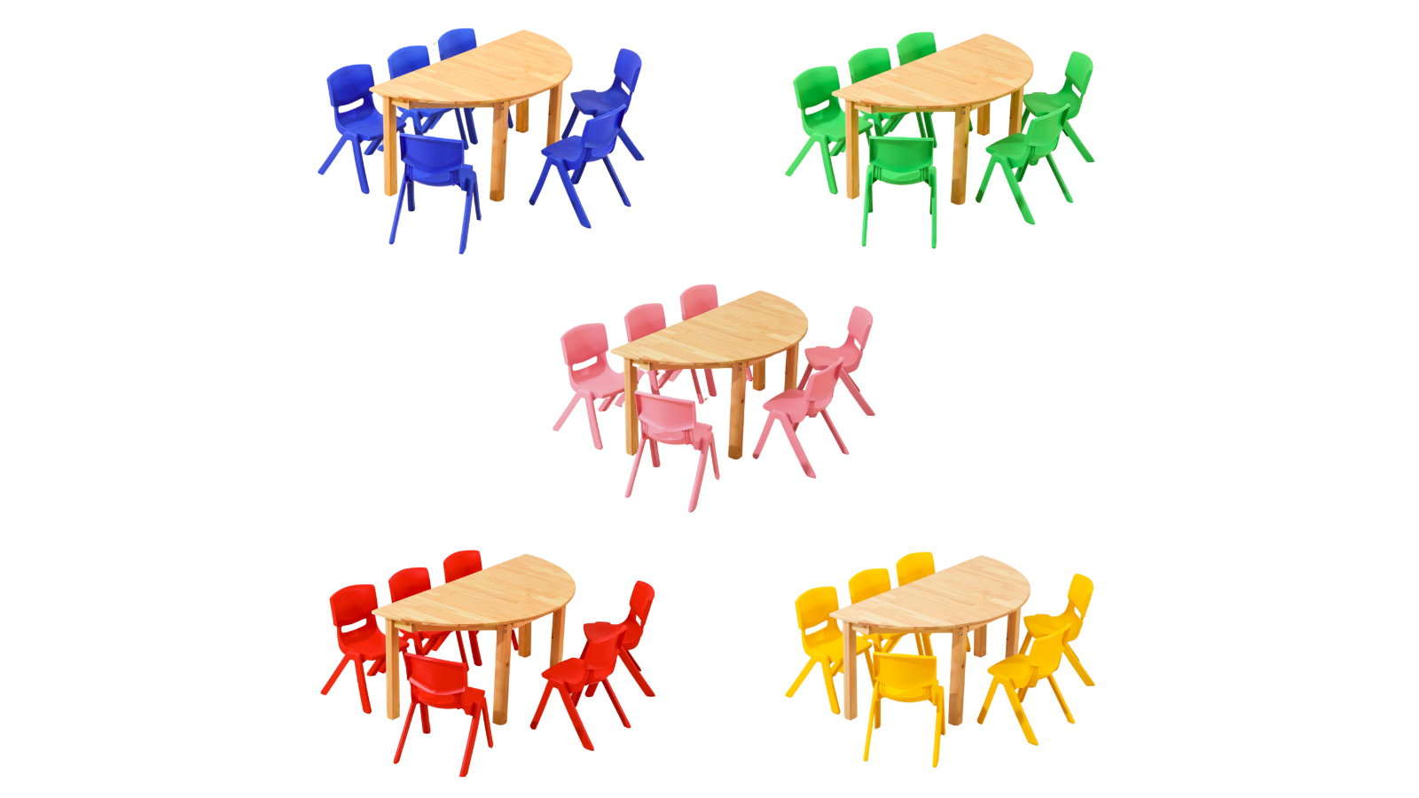 HelloDeal Set of 6 Kids Chair and Semi Circle Pinewood Table