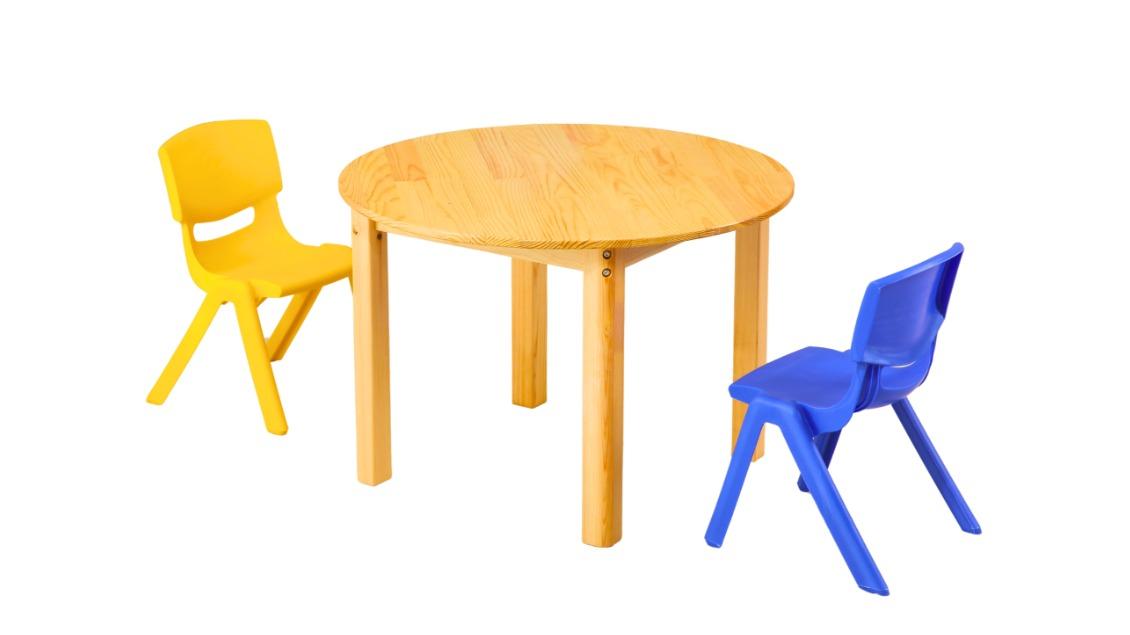 HelloDeal Pinewood Children Desk 80cm Round Wooden Kids Table and 2 Chair Set - Blue/Yellow