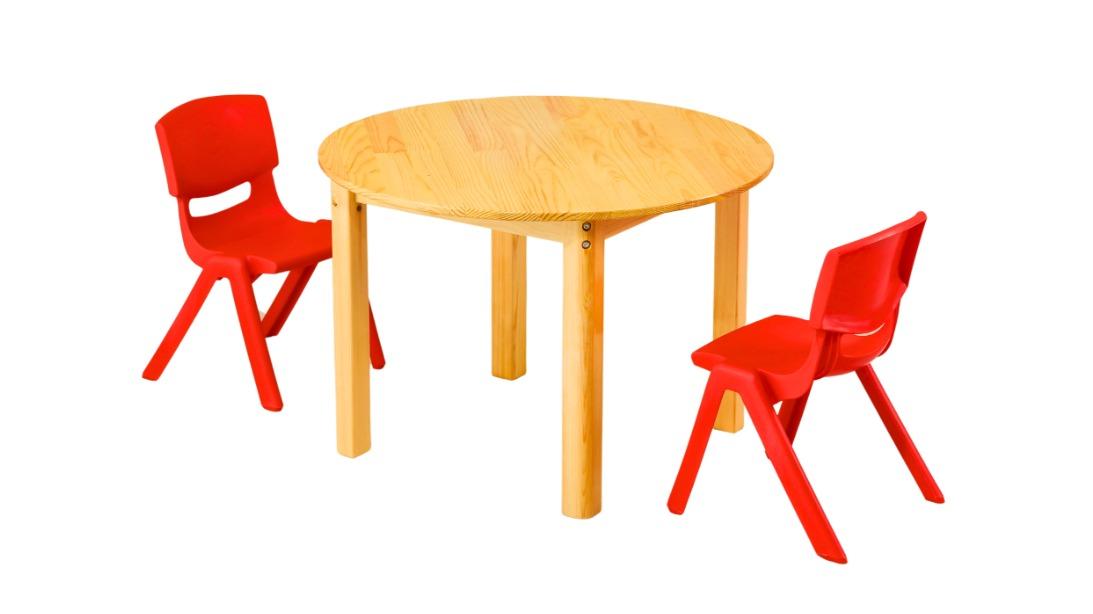 HelloDeal Pinewood Timber Children Desk 80cm Round Wooden Kids Table and 2 Red Chair Set