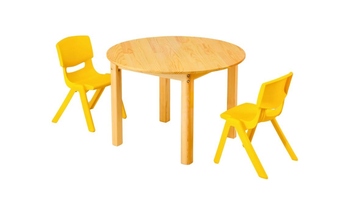 HelloDeal Pinewood Timber Children Desk 80cm Round Wooden Kids Table and 2 Yellow Chair Set