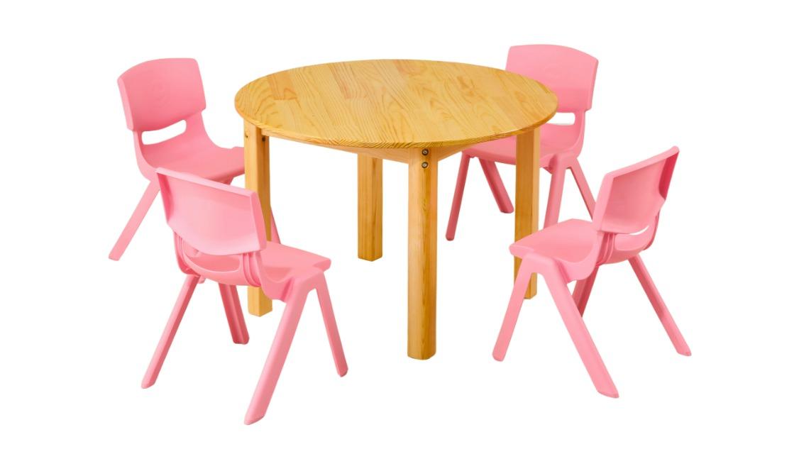 HelloDeal 80cm Round Wooden Kids Table and 4 Chair Set - Pink