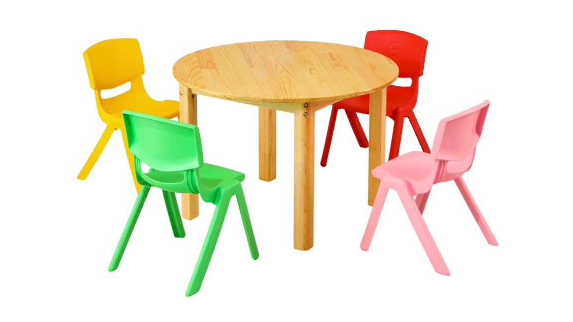 HelloDeal Pinewood Children Desk 80cm Round Wooden Kids Table and 4 Mixed Chair Set - Multi-colour