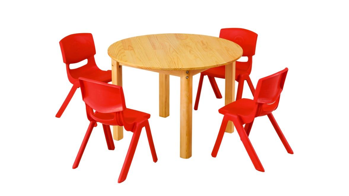 HelloDeal Pinewood Timber Children Desk 80cm Round Wooden Kids Table and 4 Red Chair Set