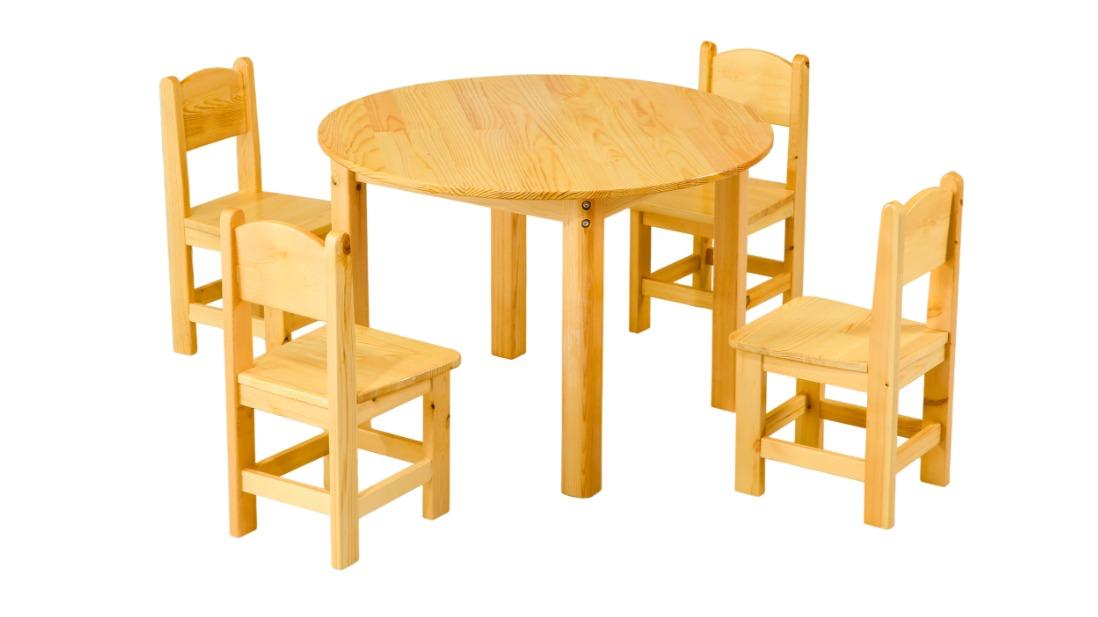 HelloDeal Pinewood Children Desk 80cm Round Wooden Kids Table and 4 Wooden Chair Set