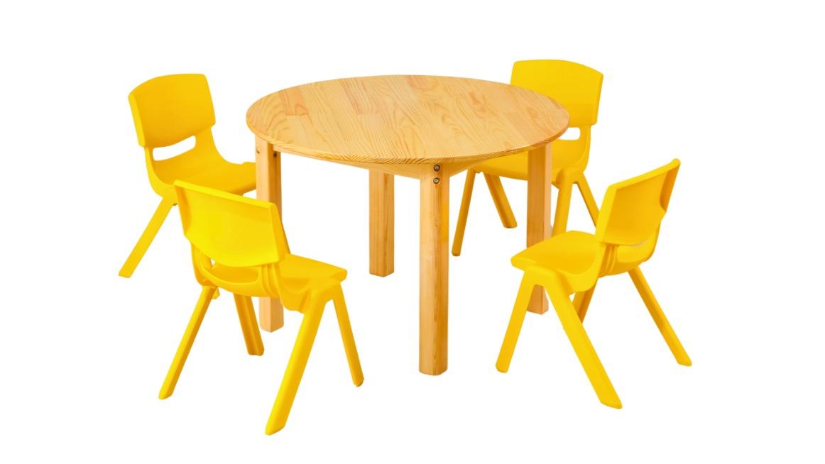 HelloDeal Pinewood Timber Children Desk 80cm Round Wooden Kids Table and 4 Yellow Chair Set