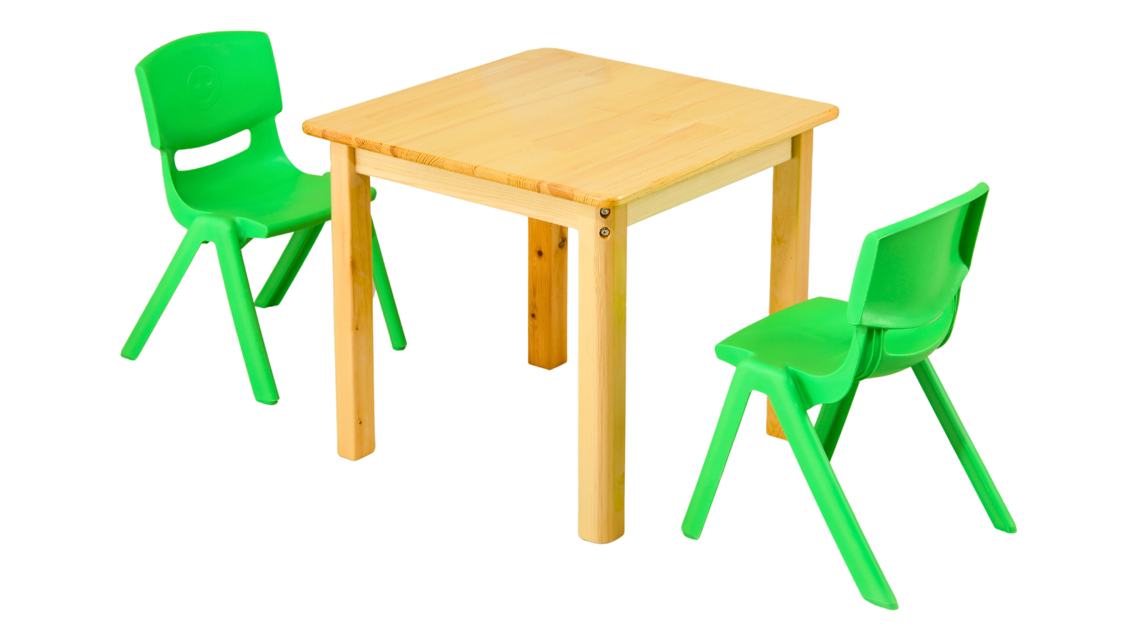 HelloDeal 60cm Square Wooden Kids Table and 2 Green Chair - Natural