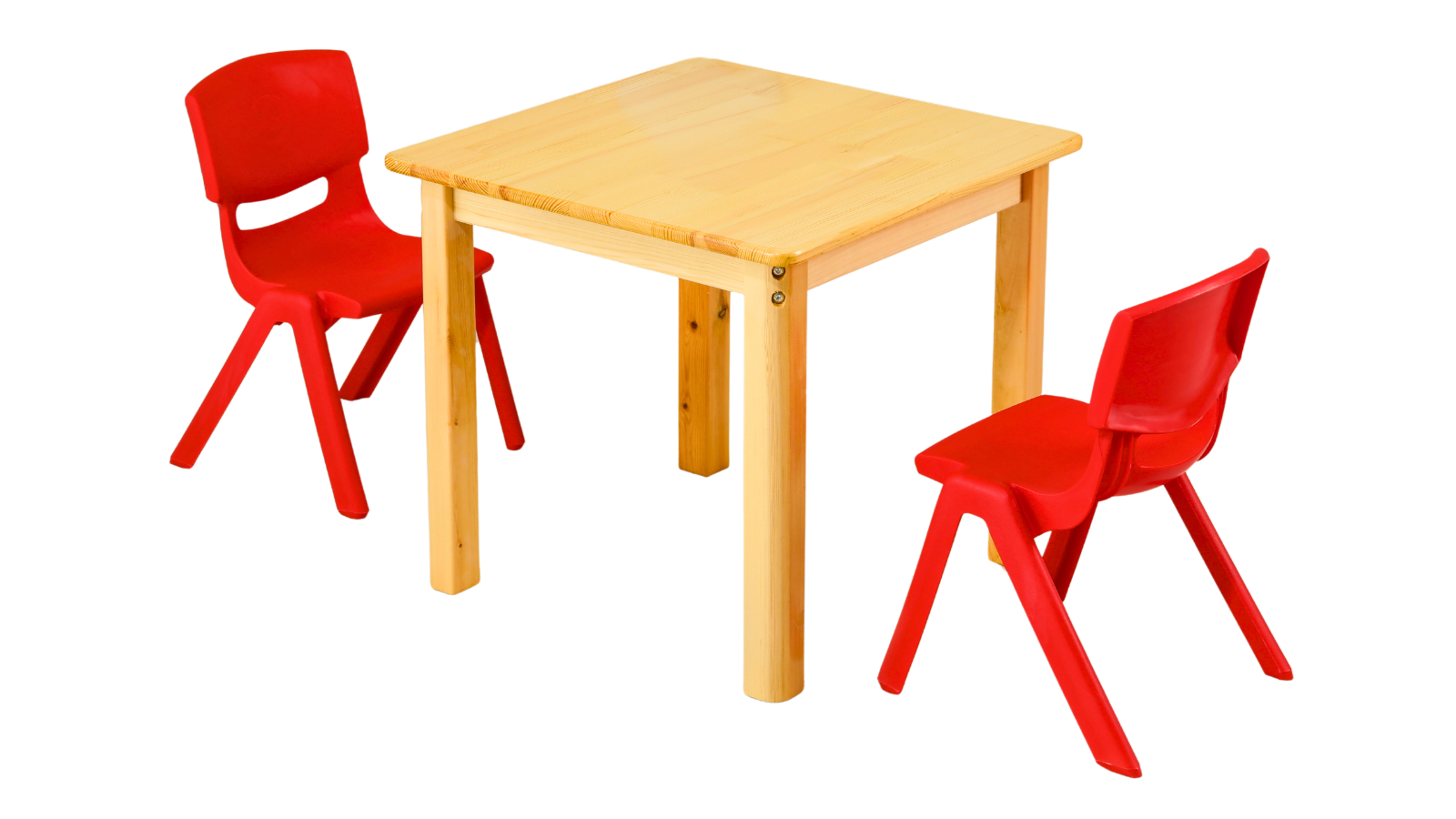 HelloDeal 60cm Square Wooden Kids Table and 2 Red Chair - Natural