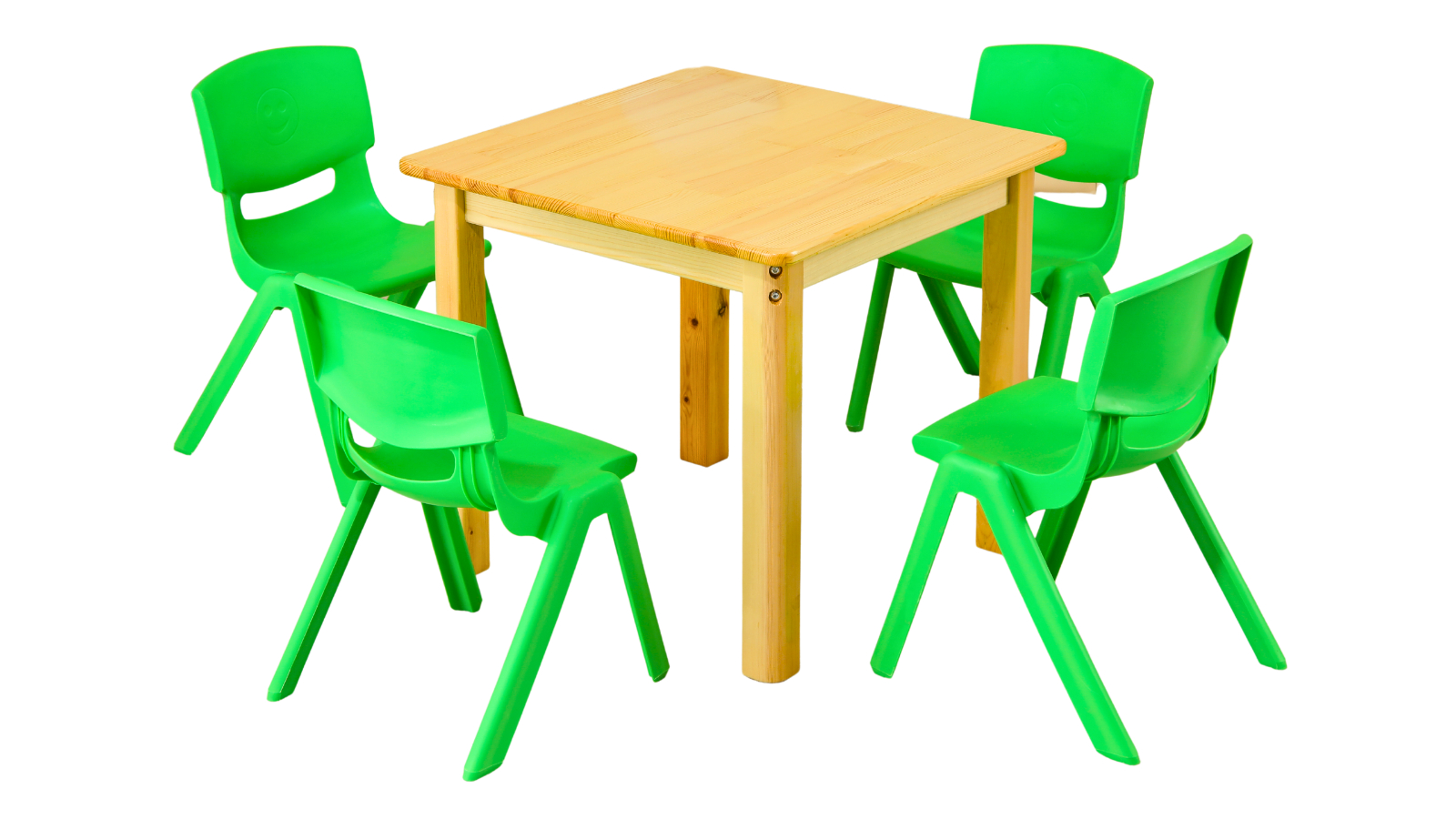 HelloDeal 60cm Square Wooden Kids Table and 4 Green Chair - Natural