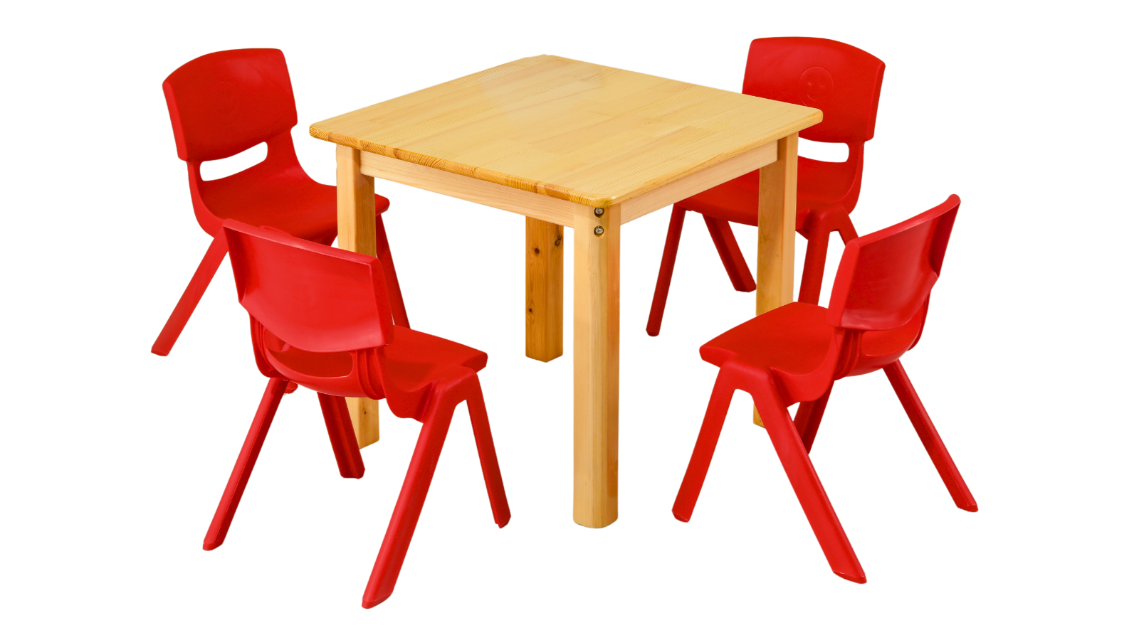 HelloDeal 60cm Square Wooden Kids Table and 4 Red Chair - Natural