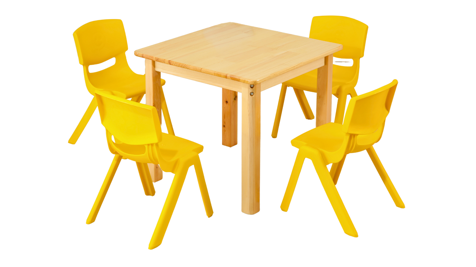 HelloDeal 60cm Square Wooden Kids Table and 4 Yellow Chair - Natural