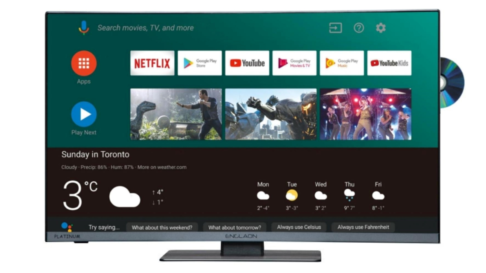 Englaon Frameless 24inch Full HD 12V Smart LED Android TV with Builtin DVD Player Harvey Norman