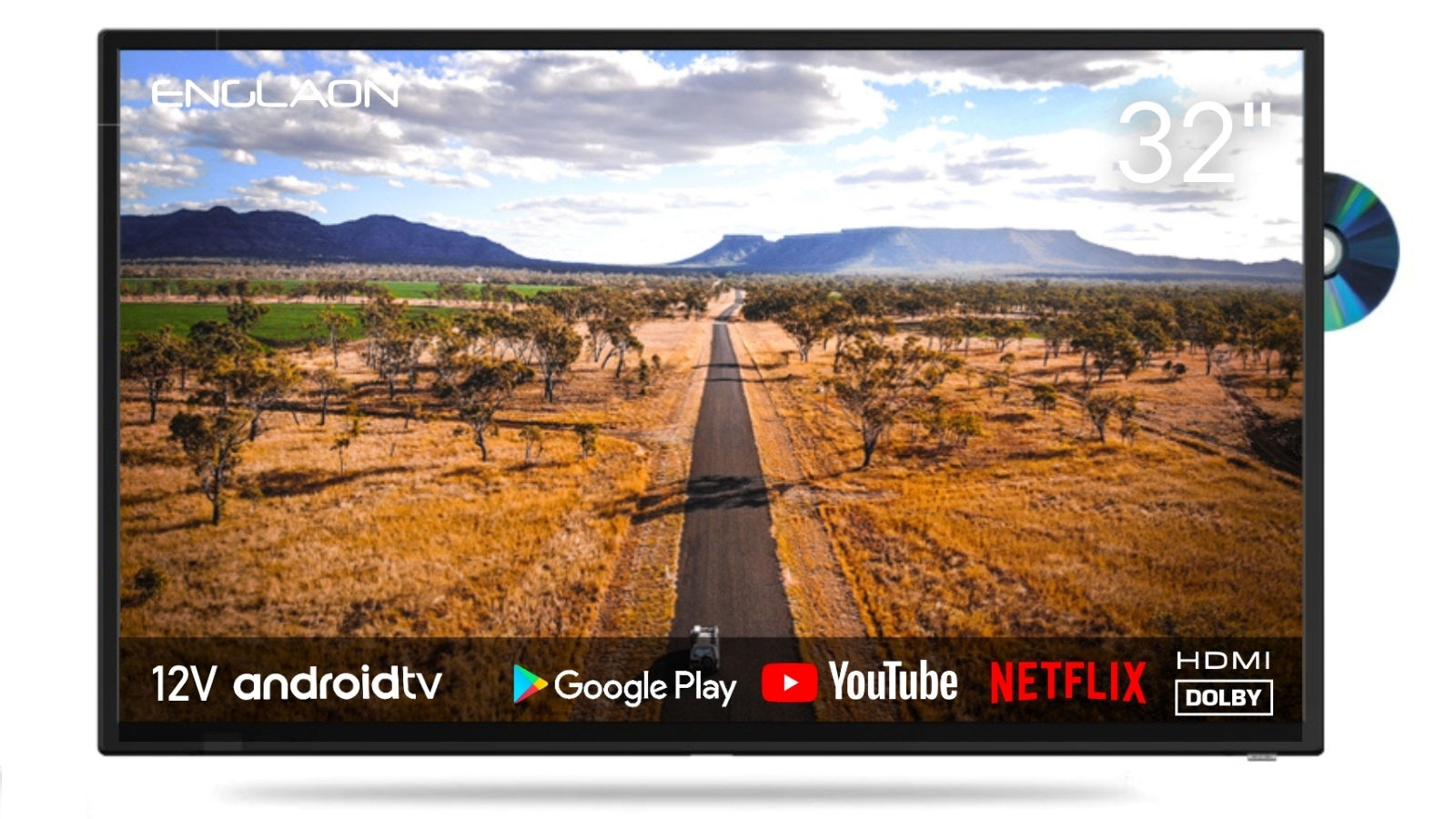 Englaon 32inch HD LED Android 11 Smart 12V TV with Builtin DVD Player