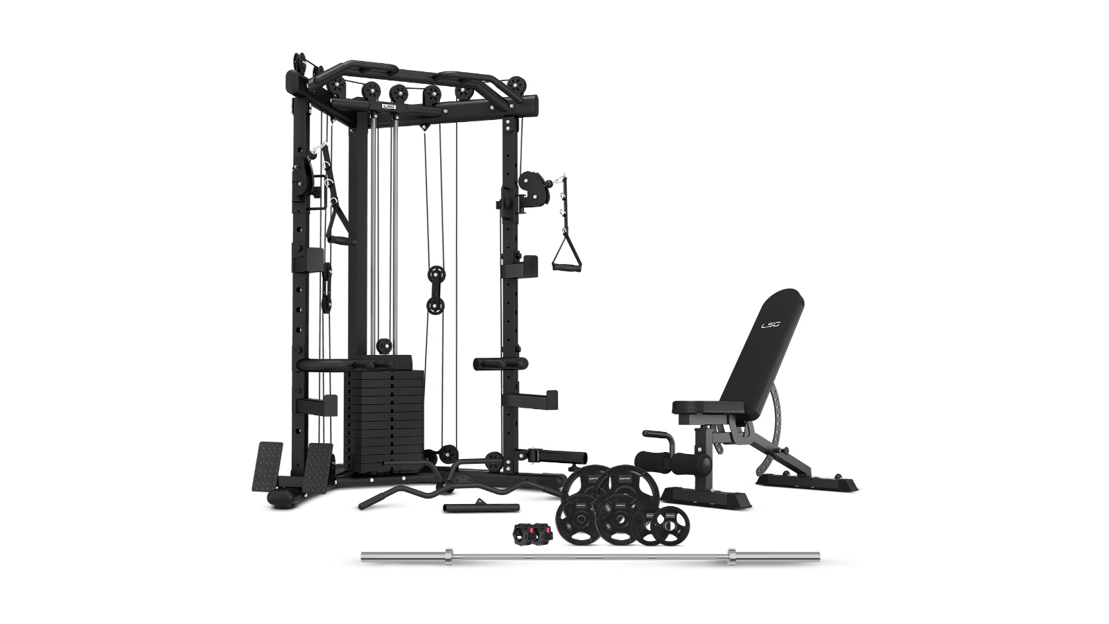 LSG Fitness GRK-110 with FID Bench, 90kg Olympic Weights, Barbell, Rubber Tri-Grip Plates