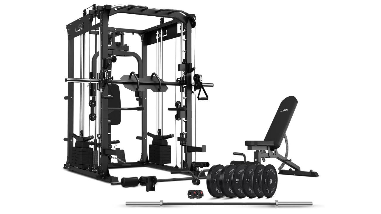 LSG Grk200 10-In-1 Home Gym Station, Power Rack, Smith Machine And Cable Crossover + 90Kg Olympic Barbell & Bumper Plate Set