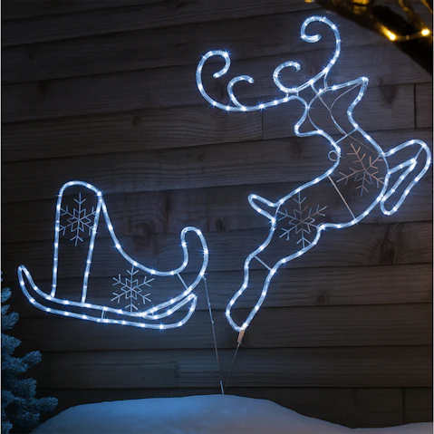Lexi Lighting 2D Flying Reindeer with Sleigh Rope Light Silhouette