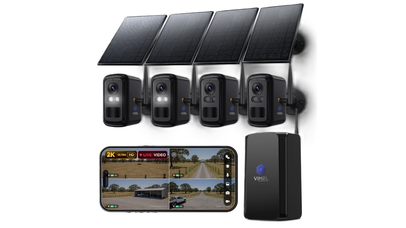 Vimel 2K 4 Camera Solar Security System with 500m WiFi Hub