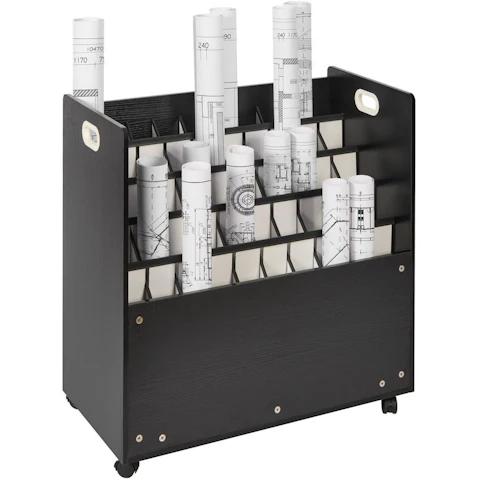 Vevor Blueprint Roll File Holder 50 Slots Mobile Wooden Blueprint Storage Cart