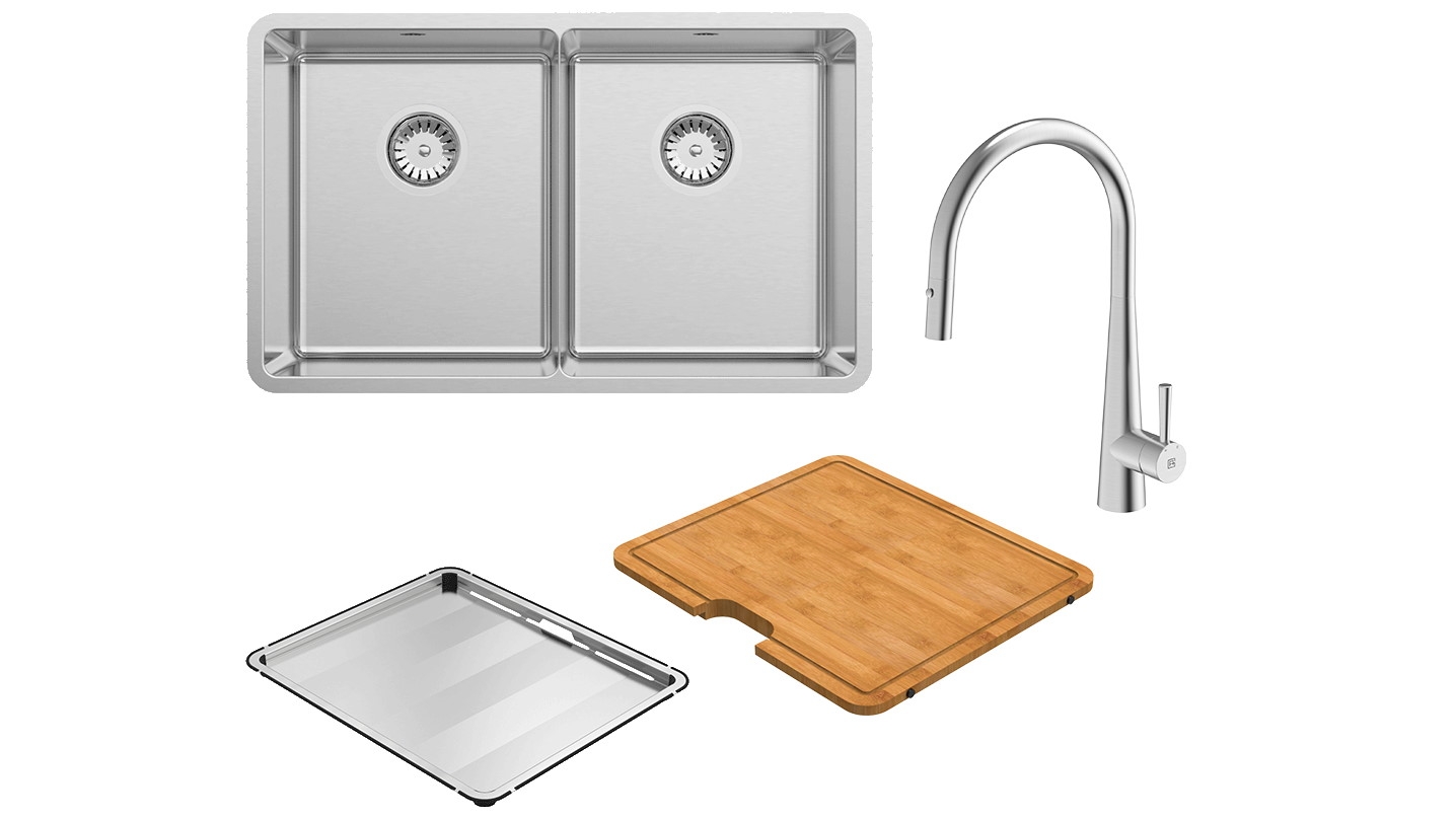 Abey Lucia Double Bowl Sink and KTA014-BR Kitchen Mixer Package