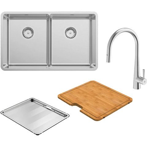 Abey Lucia Double Bowl Sink and KTA014-BR Kitchen Mixer Package