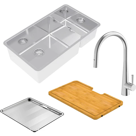Abey Lucia 1 & 3/4 Bowl Sink and KTA014-BR Kitchen Mixer Package