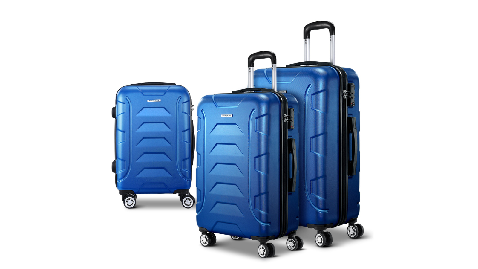 Wanderlite 3 Piece TSA Hard Shell Strap Luggage Trolley Travel Set - Blue
