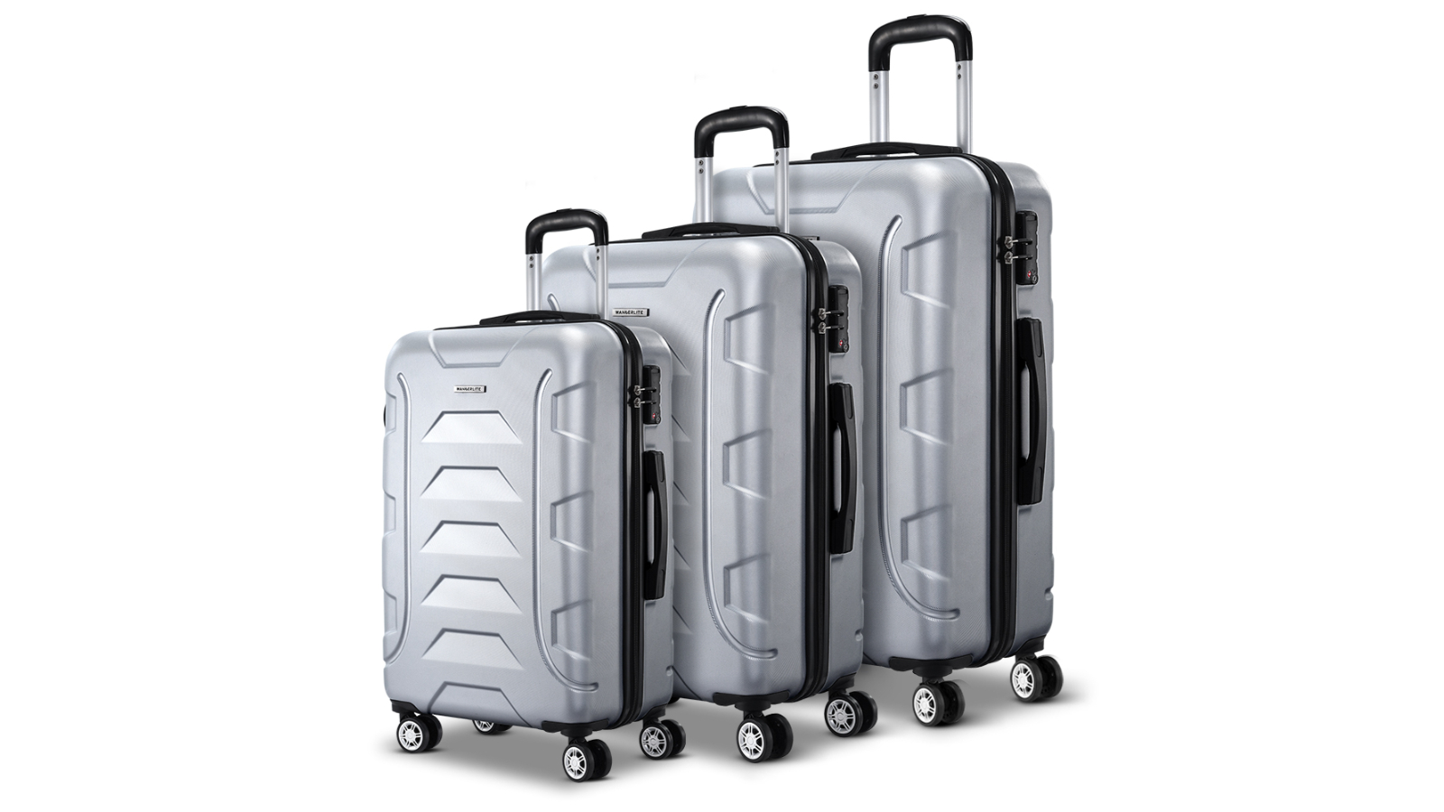 Wanderlite 3 Piece TSA Hard Shell Strap Luggage Trolley Travel Set - Silver