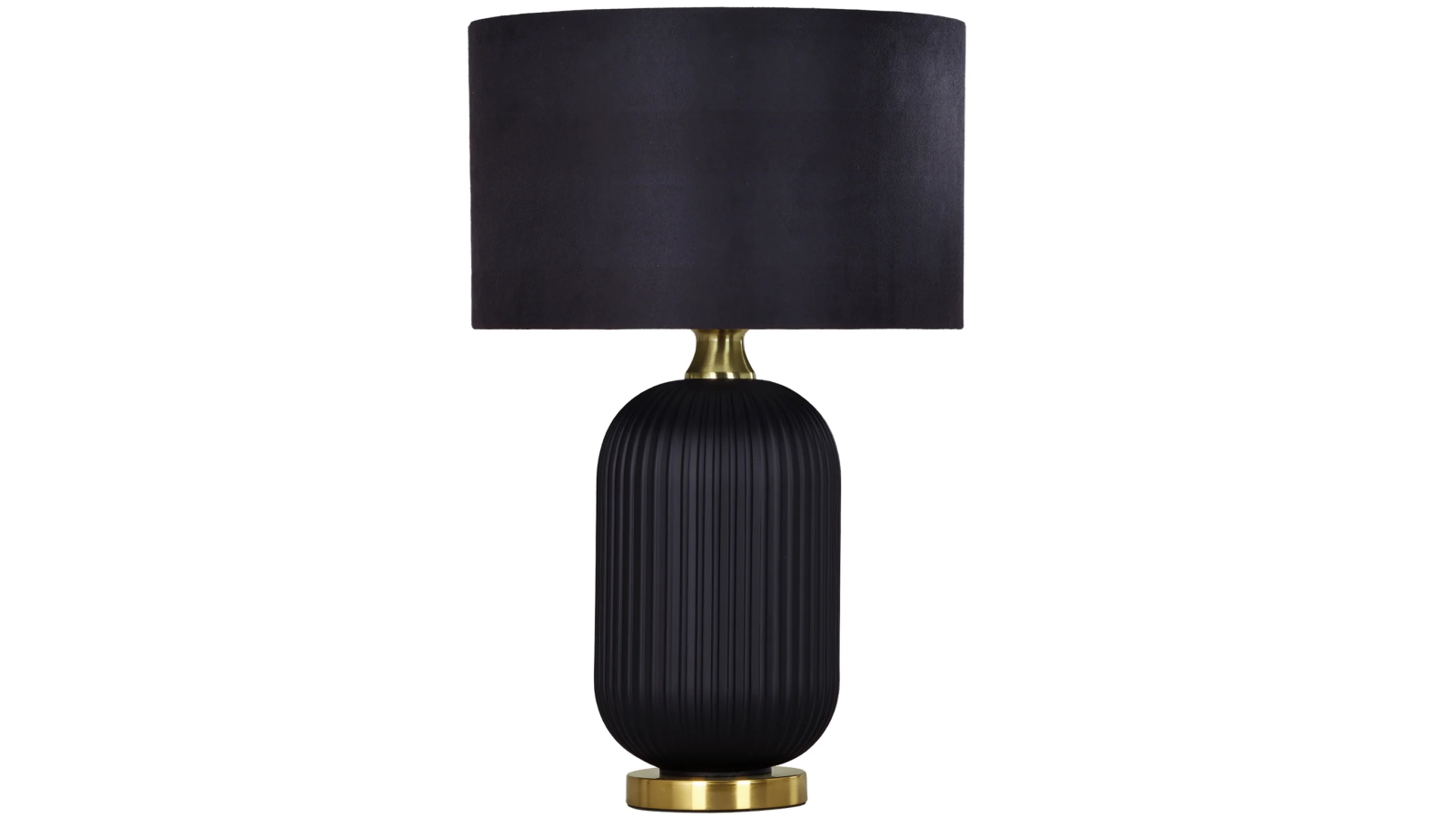 Lusso Black Drum Shade Table Lamp with Large Ceramic Base and Antique Brass Highlight