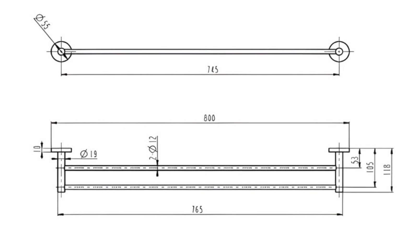 Linsol Lux S2 800mm Double Towel Rail - Brushed Nickel
