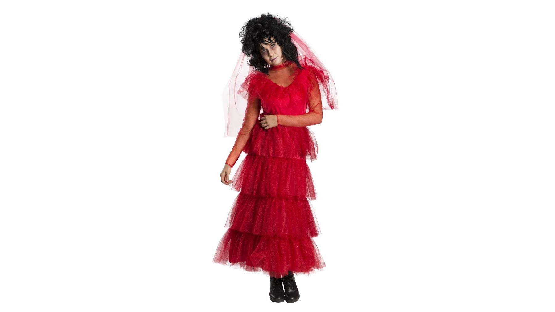 fitted lace wedding dress Adult Lydia Deetz Outfit Beetle Bride Red Wedding Dress Gothic Cosplay –  Sun Baby