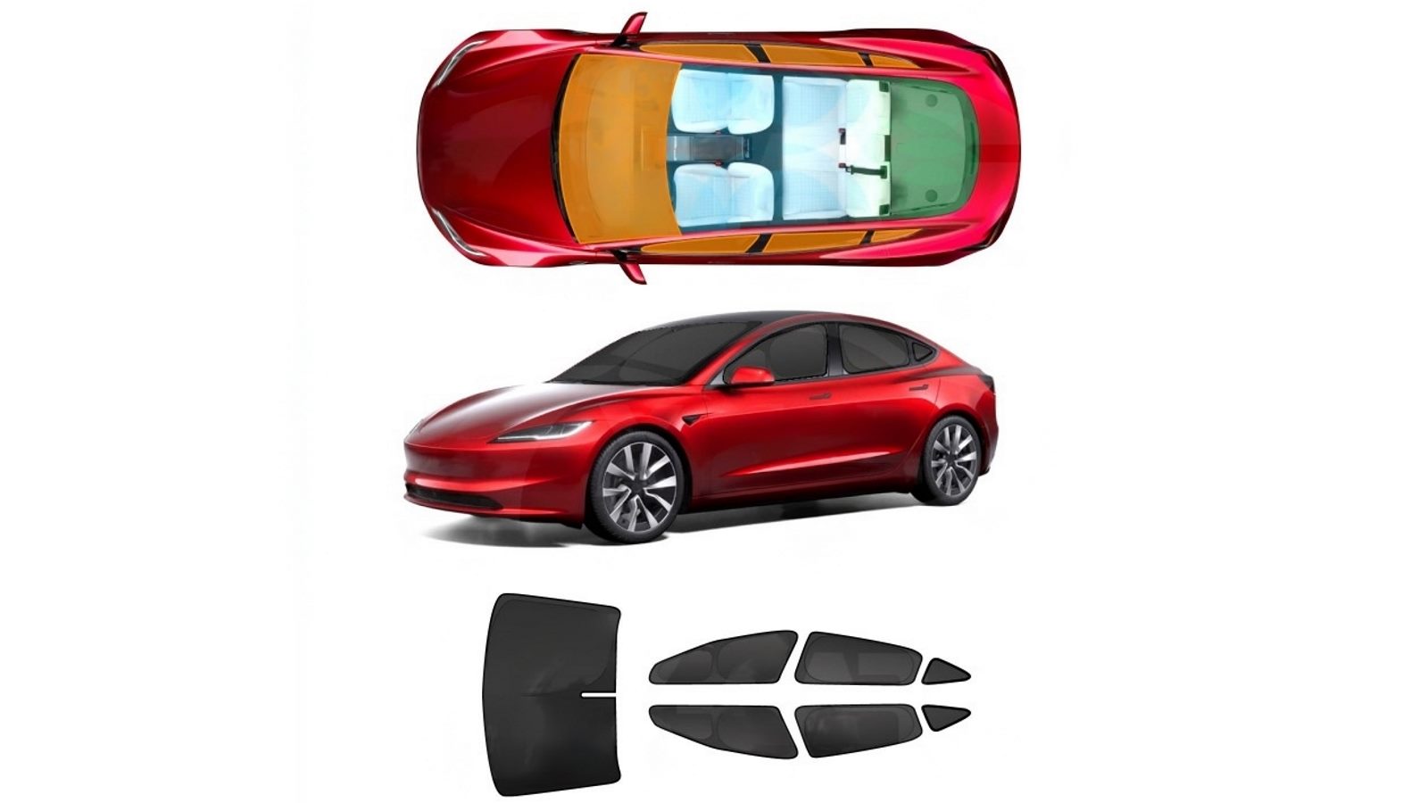 X-Car Set of 7 Window Sunshade Block Cover for New Tesla Model 3 Highland 2023-2024
