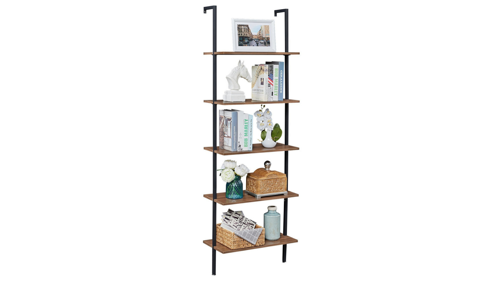 YES4HOMES Wood Industrial Ladder Shelf Wall-Mounted Bookcase Display