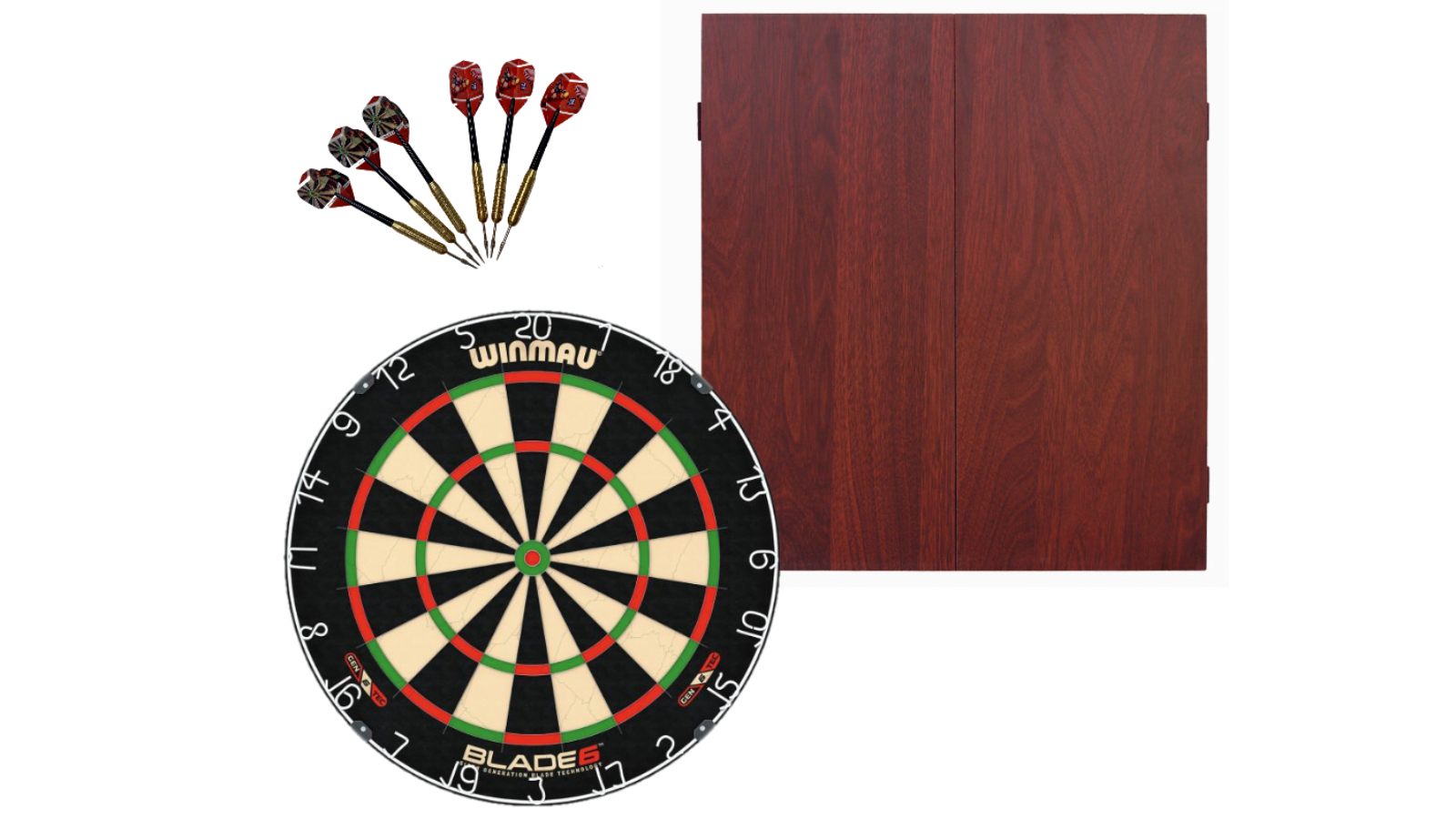Winmau Professional Blade 6 Dartboard with Darts Set and Mahogany Cabinet