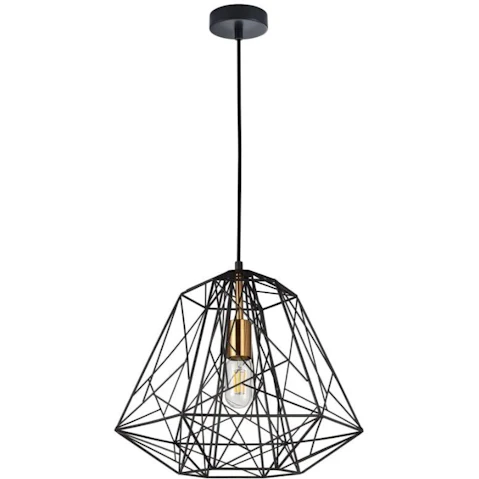 Marte Geometric Design Black Iron Cage with Antique Brass Highlight Pendant Light