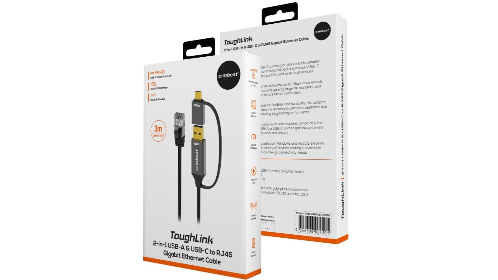 Mbeat Space Grey Tough Link USB and USB-C to RJ45 Ethernet Cable - 3metre